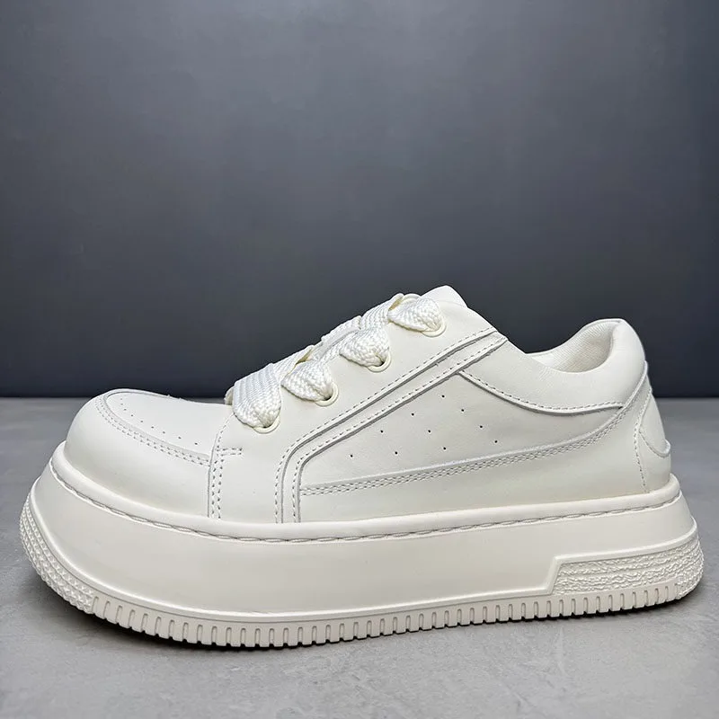 Designer Luxury Round Toe Thick Sole Height Increasing White Shoes Men's Cow Leather Breathable Casual Genuine Leather Shoes