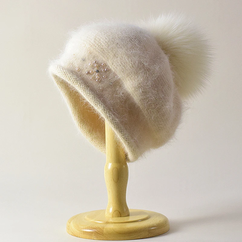 

Beret Angora Women Winter Hat Pearls Real Fox Fur Pompom Knit Warm Accessory For Autumn Cold Weather Sport Skiing Outdoor Luxury