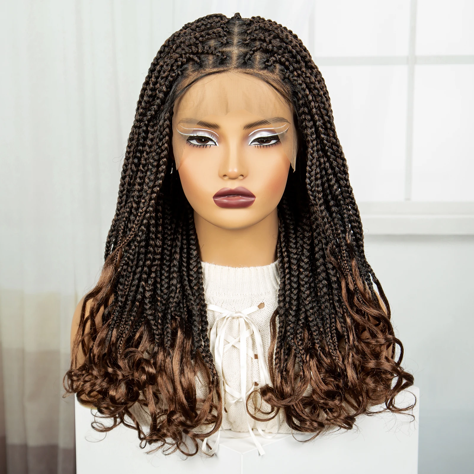 22 Inch Full Lace Braided Wigs Synthetic Knotless Box Braided Wig with Wavy Ends Dark Ombre Braiding Hair Wigs for Black Woman