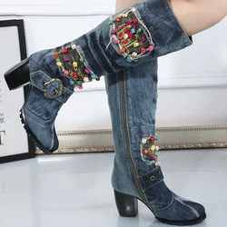 The new 2017denim antiskid boots  comfortable winter canvas shoes with high heels side zipper boots with fashion