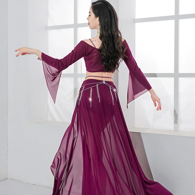 Set di costumi di danza del ventre per donna Top a mezze maniche + gonna lunga in rete con pietre AB 2 pezzi Set di abbigliamento per danza del ventre orientale per adulti