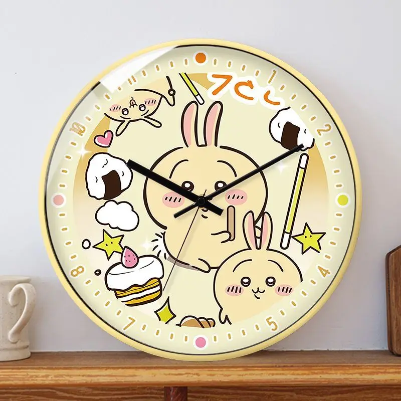 Anime Cartoon Kawaii Chiikawa Wall Clock Quartz Watch Glass Mirror Single Sided Round Battery Type Household Use Creativity Mute