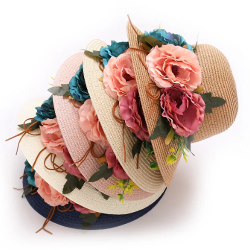 Women Flowers Straw Hat Outdoor Sun Sunscreen Collapsible Beach Hat MZ015