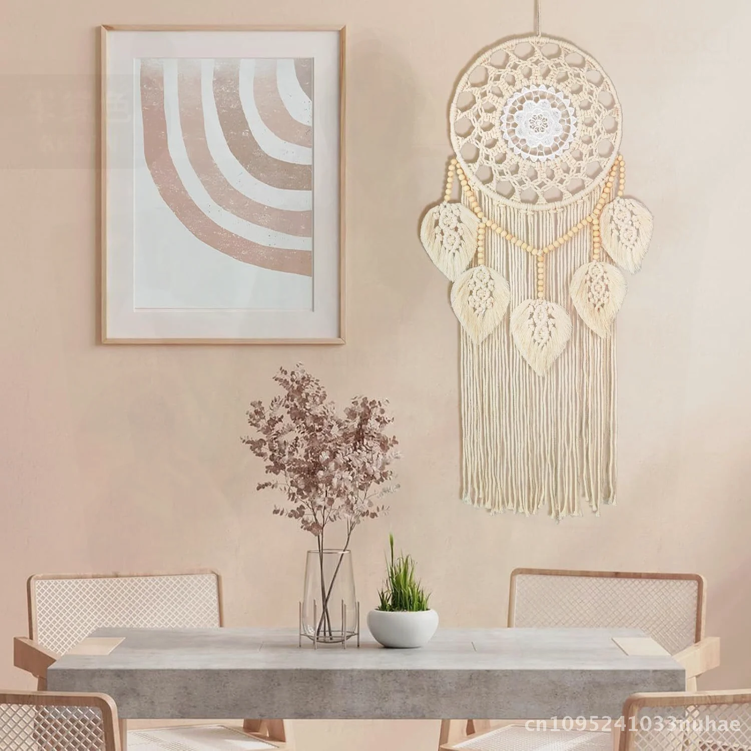 

Bohemian Hand Woven Leaf round Tapestry with Natural Wooden Beads Cotton Thread Home Decor for Living Room Bedroom - Pastoral