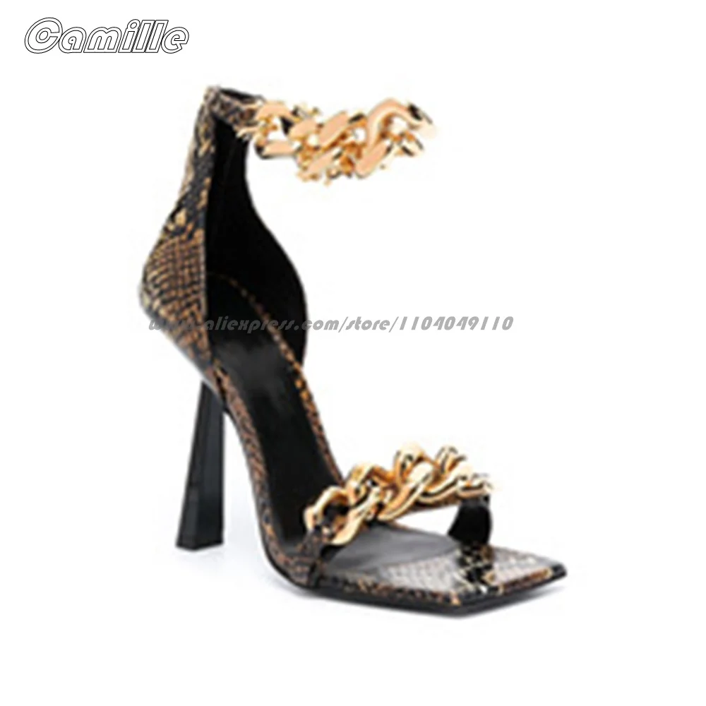 Cowhide Leather Metal Chain One Word Belt Sexy Sandals Open Toe Ankle Strap Size 34-42 Party Sandals Back Zip Sexy Grace Sandals