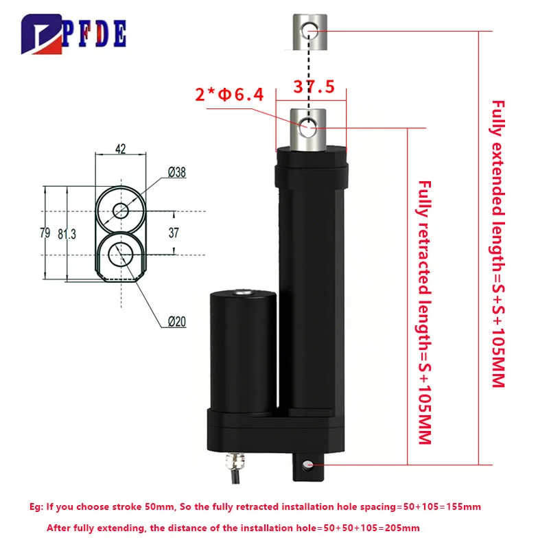 Atuador elétrico industrial à prova d'água ip68, haste de pressão silenciosa preta, interruptor de limite embutido de alta precisão, motor dc 12v/24v 1200n
