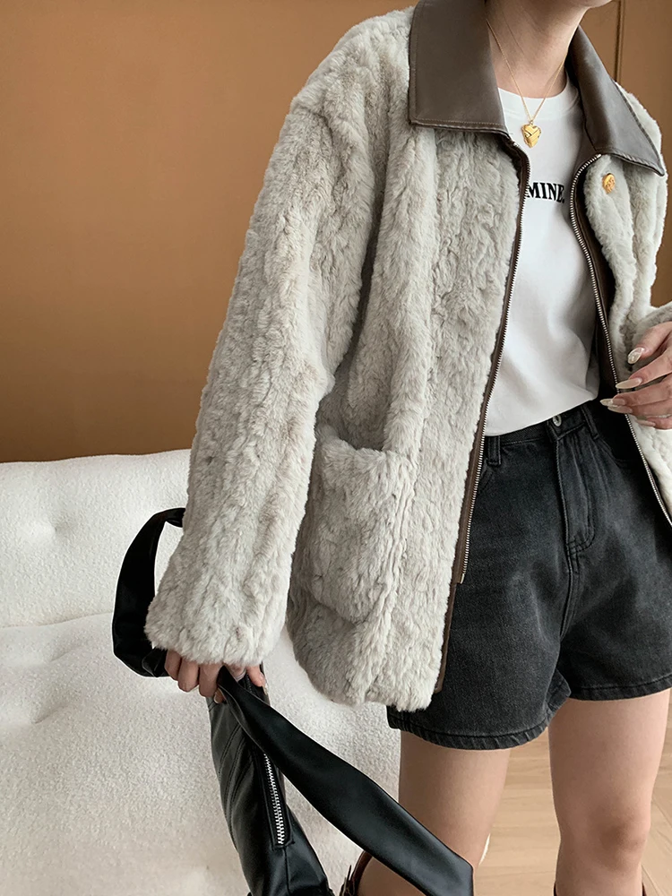 [EAM] Gray Leather Collar Big Size Faux Fur Jacket New Lapel Long Sleeve Women Coat Fashion Tide Autumn Winter 2024 1DH6744