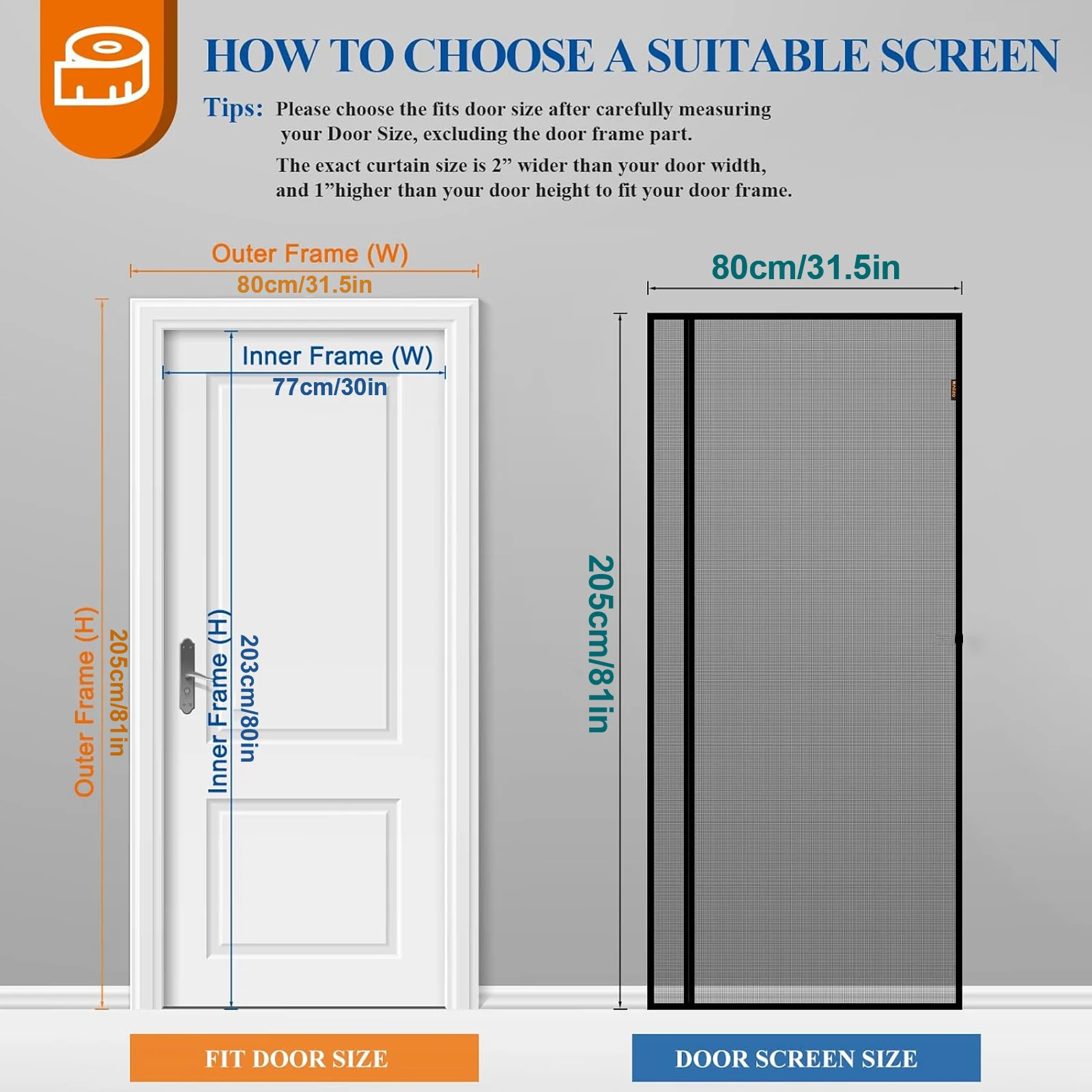Magnetic Screen Door Right Side Opening PET Mesh Greater Than Fiberglass and Polyester Easy Install Fit Door Size 30\