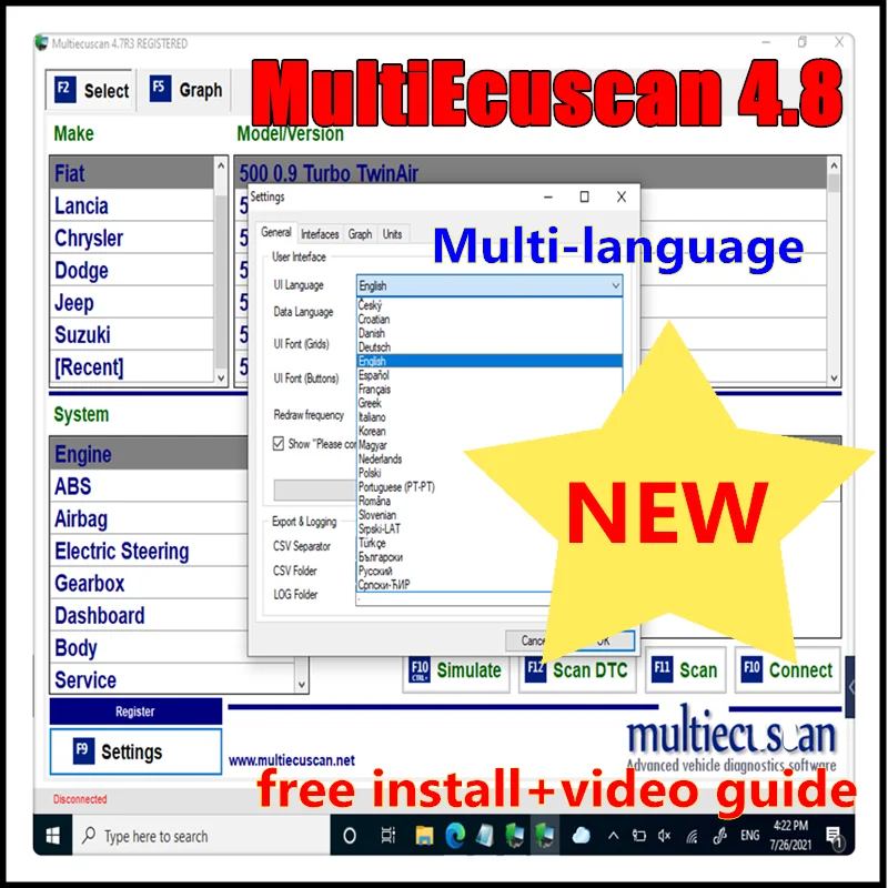 2026 MultiEcuScan 5.2 Register / Multi-Ecu-Scan V4.8 with Activator for Fi-at/Al-fa/Ro-meo Connector Car Diagnostic Software