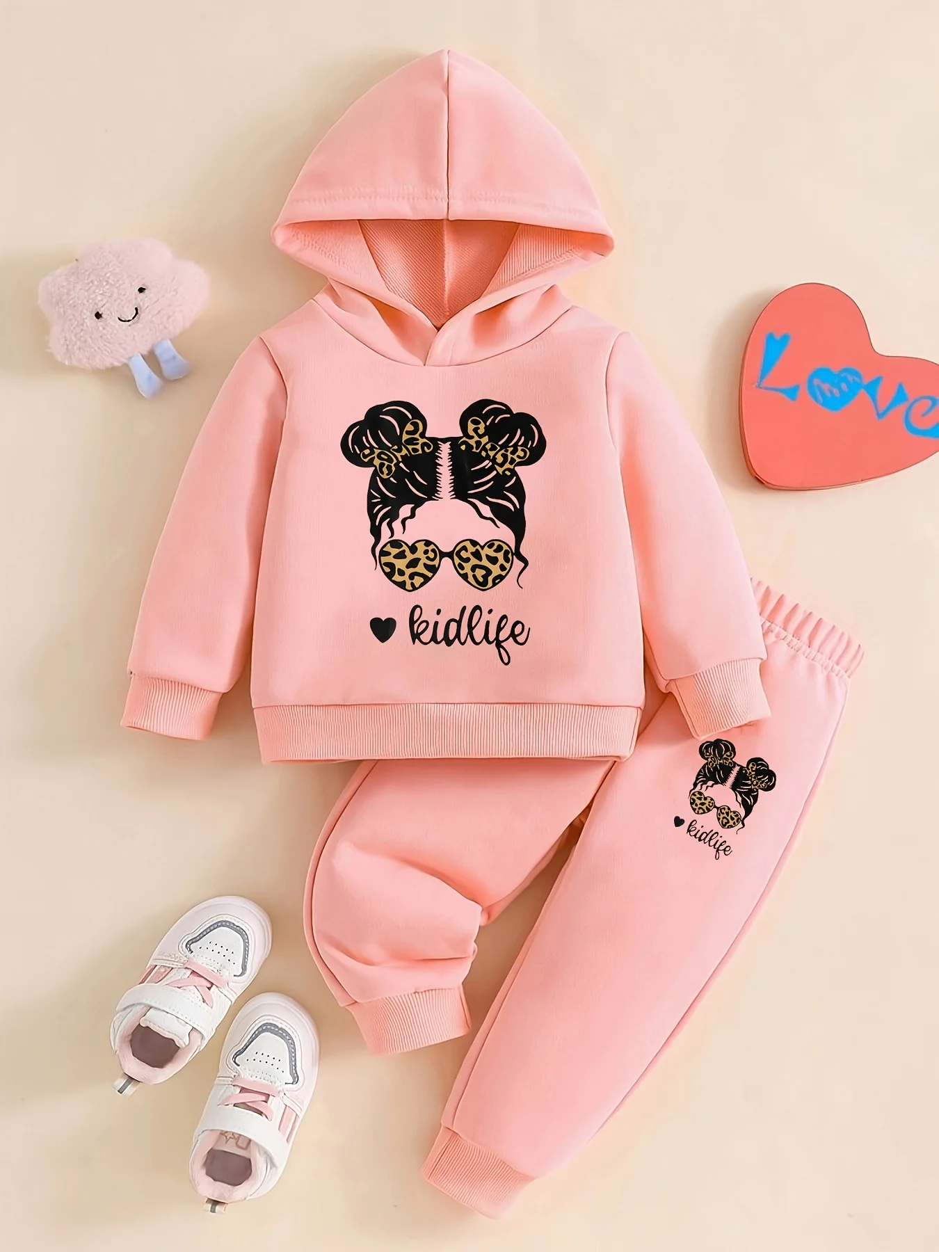 Adorable Baby Girl Cartoon Print Fleece Hoodie & Jogger Set - Perfect for Spring/Autumn Outdoor Activities