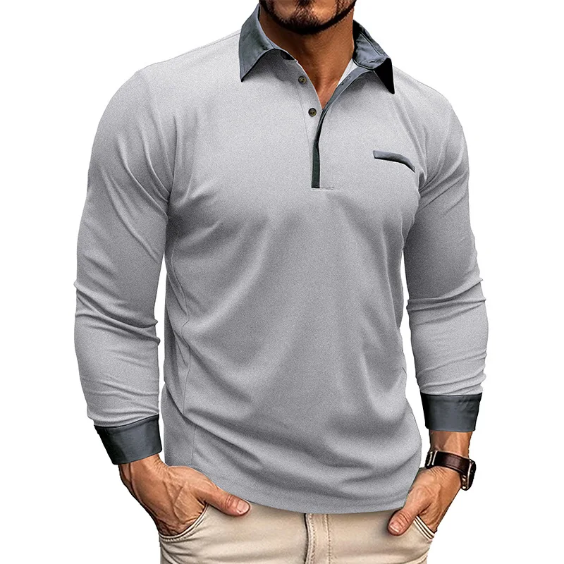 2024 Spring Autumn Men Long Sleeve Polo Shirt Zipper Pocket Lapel Men Casual Sports Long Sleeve Top Men Patchwork Top Tees image 2