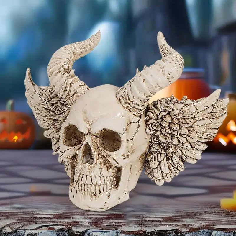 

Resin Skeleton Figurines Halloween Skull Table Decor With Horns And Wings Horror Skull Desktop Ornament For Fireplace Windowsill