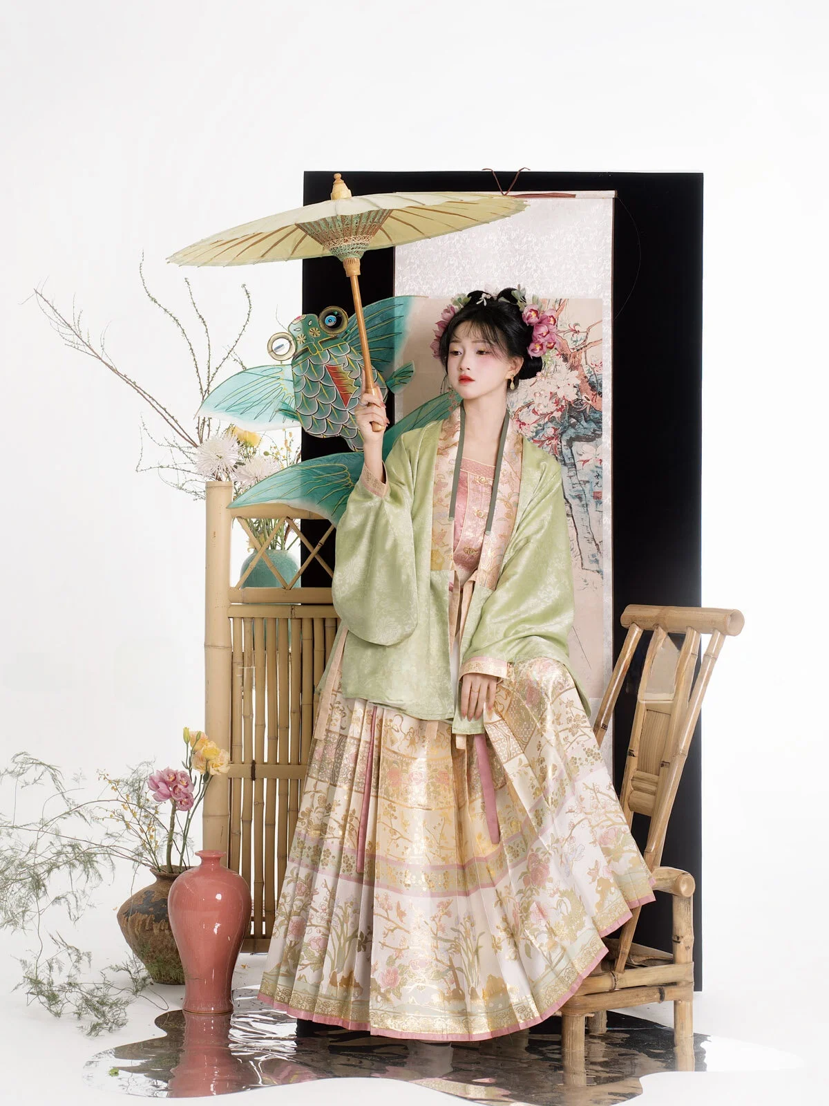 Original Hanfu Upper Shirt Ming Dynasty Style Spring Autumn  Tail Skirt Women's Traditional Costume Set by Wu Er Ji