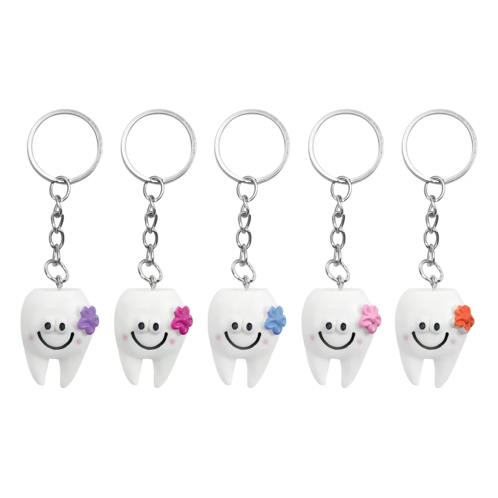 5Pc Dental Tooth Shape Model Simulation Keychain Pendant Smile Teeth Key Chain Fashion Keyring Cartoon Lovely Girls Kids Gift