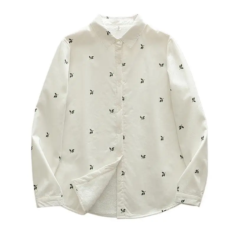 [Estoque pronto] blusa feminina de fio de algodão 100% de alta qualidade, camisa com folhas de lã quente, camisas brancas espessadas, top feminino