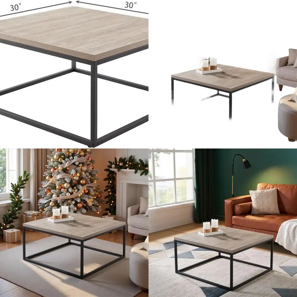 

Grey Wash French Oak 30 Square Coffee Table with Modern Industrial Metal Frame for Living Room, Rustic Farmhouse Style, Thick 1.