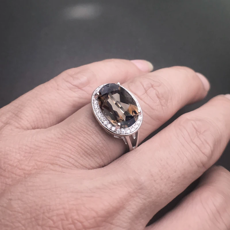 CSJ Smoky Quartz Rings Sterling 925 Silver Natural Gemstone Oval Cut 10*14mm Women Lady Wedding Engagment Party Gift Box