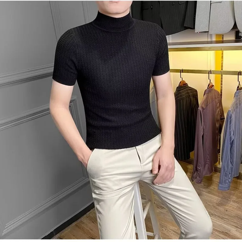 

Новая летняя мужская трикотажная рубашка с коротким рукавом в корейском стиле, модная мужская полосатая базовая рубашка со средним воротником