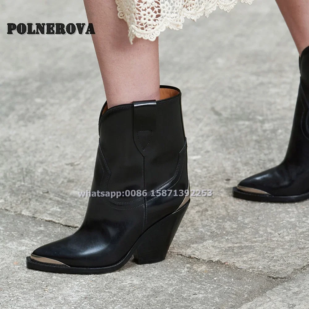 Metal Decoration Block Heeled Ankle Boots Pointed Toe Plus Size Purple Sewing Patchwork Cowboy Boots Fashion Women Autumn Shoes