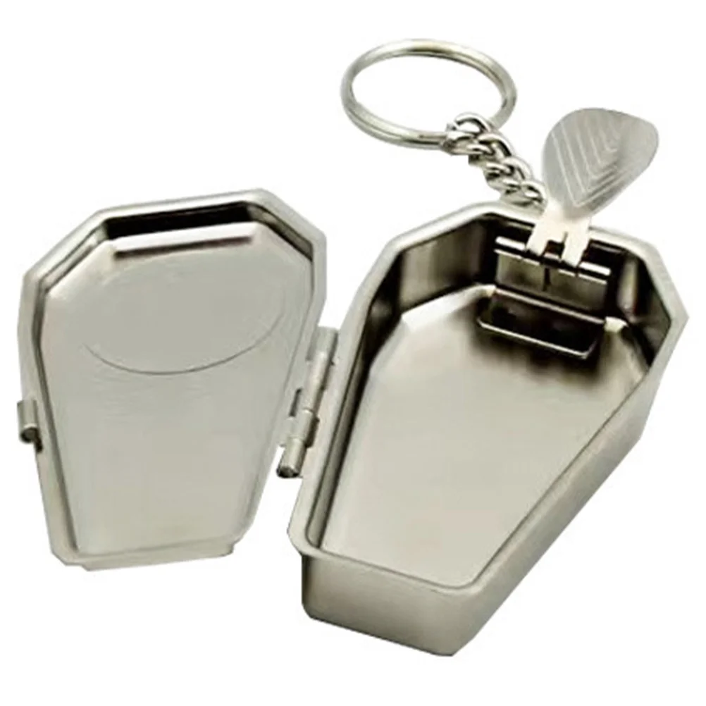 Mini Portable Metal Ashtray Keychain Coffin Shaped Decorative Keyring Gifts for Outdoor Travel Camping Party Novelty