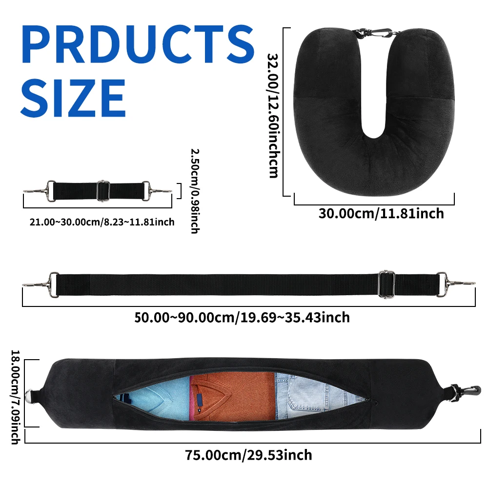 U-Shaped Travel Neck Pillow, Fillable Pillowcase with Storage Bag, Velvet Cover for Airplane Trip