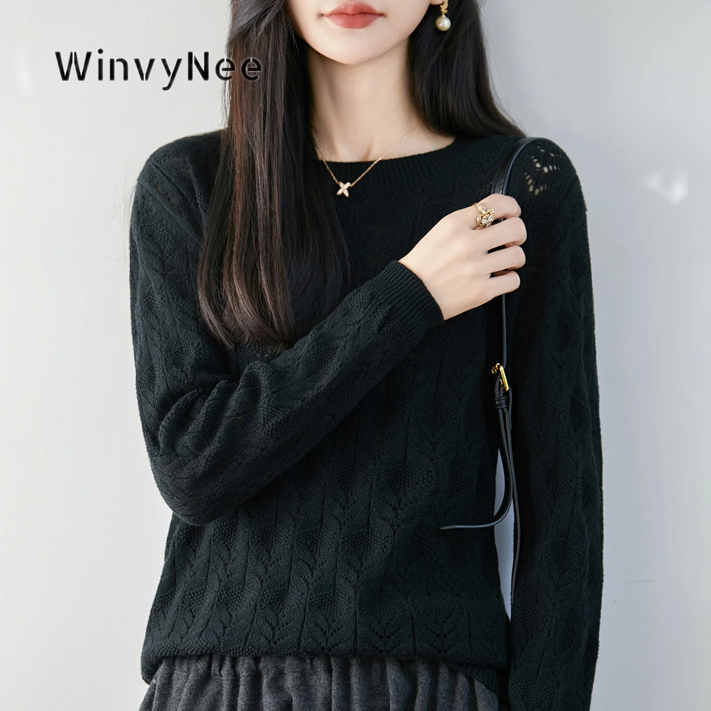 WinvyNee Women Knit Top 100% Cotton Hollow Fern Floral Crew Neck Pullover Soft Loose Breathable Chic Casual Daily Wear ZA1092066
