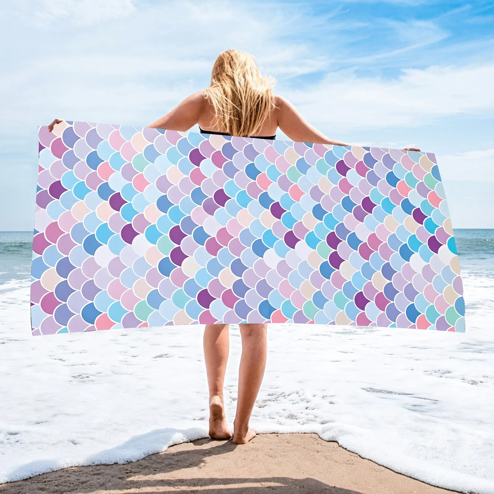 

Colorful Mermaid Scale Beach Towel Pastel Pink Purple Polyester Bath Towel Quick Dry Sand Free Blanket for Women Summer Travel