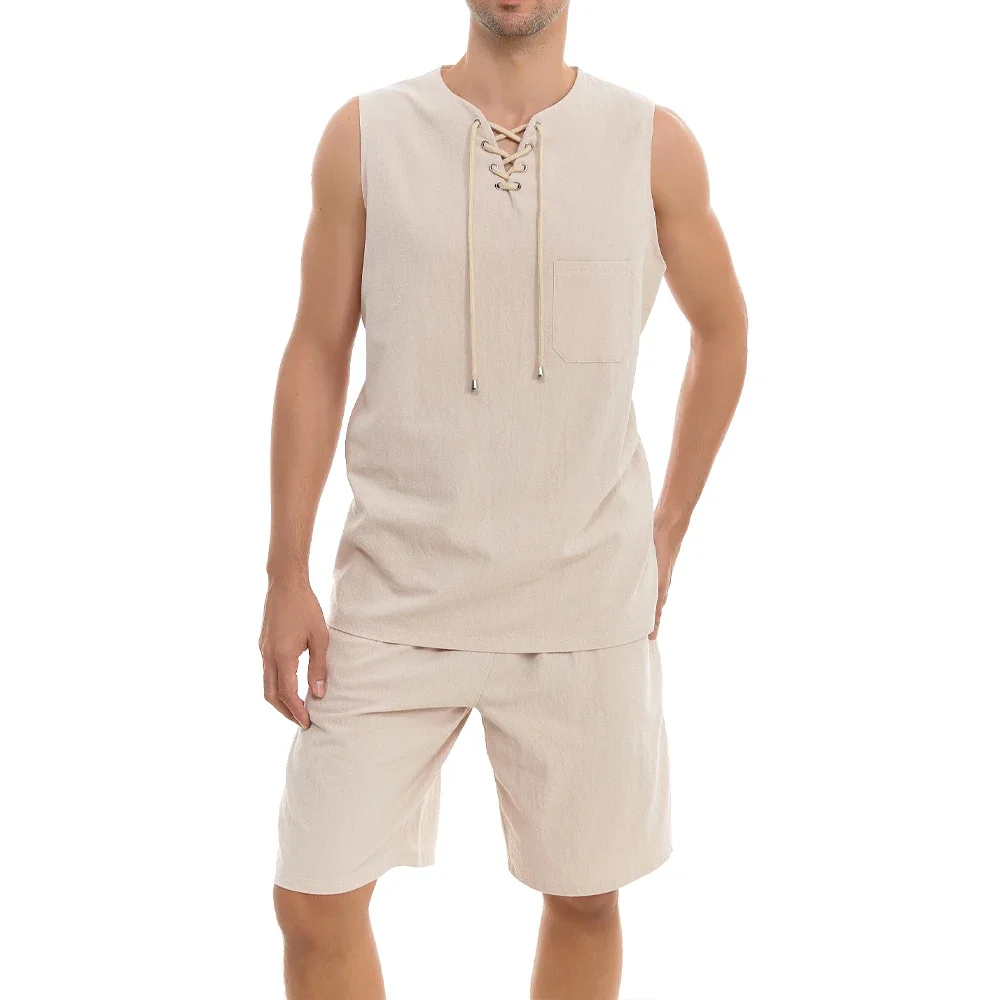 

Men's Linen Shirts Shorts Set Bandage Lace Up Blouse Leeveless Vest Beach Shorts Drawstring Male Suit Fashion V Neck Solid Sets