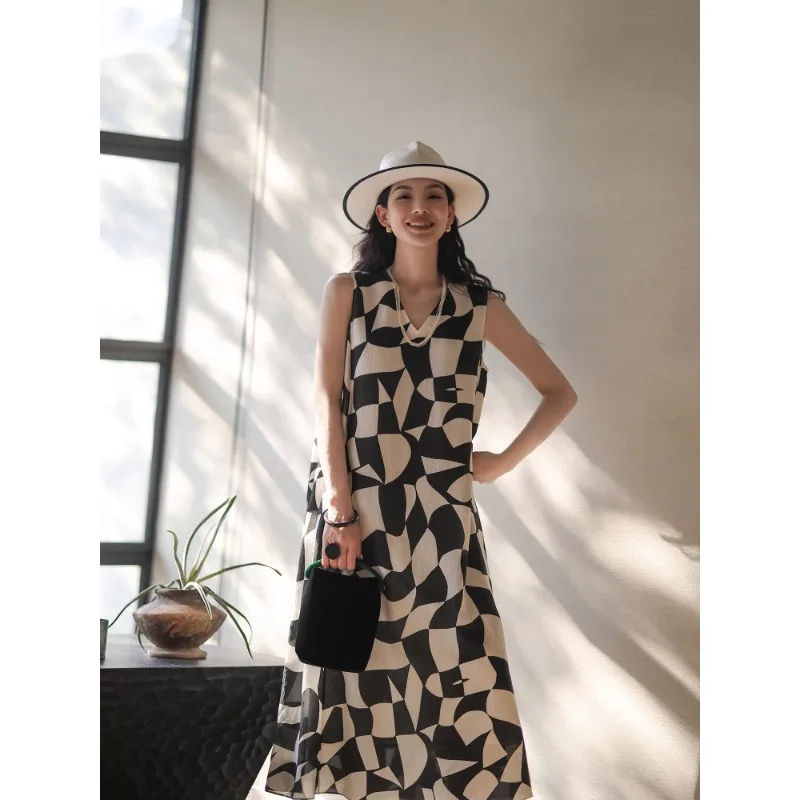 Sommer V-ausschnitt Trägerloses Kleid Französisch Stil Urlaub Lose frauen Kleidung Ärmellose Casual Leinen Kleid N718