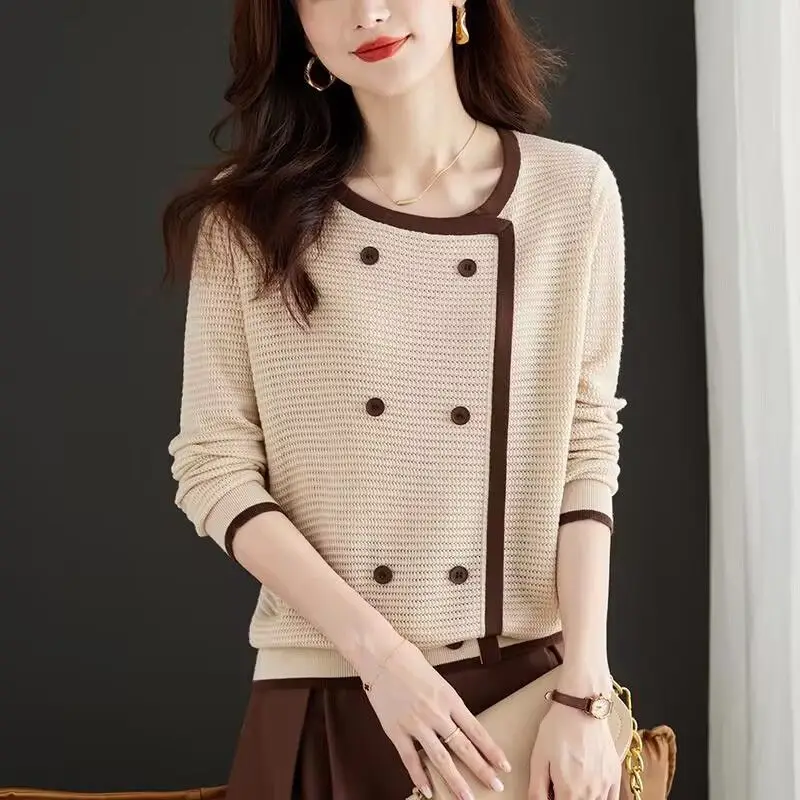 Mujer Otoño Invierno moda coreana botón Color sólido cuello redondo tejido ropa de mujer temperamento cárdigan suelto manga larga Swea