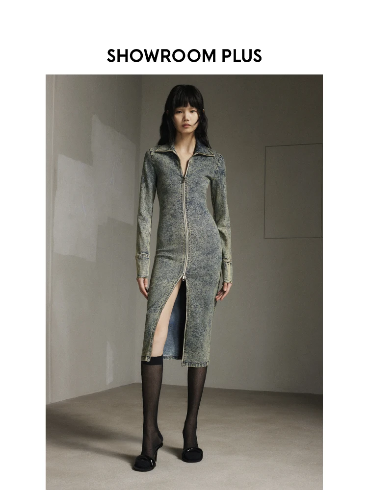 Owrolus tendance rétro Denim longue taille Dr cintrée femmes Dr coton Polyester mélange fermeture à glissière mi-longue