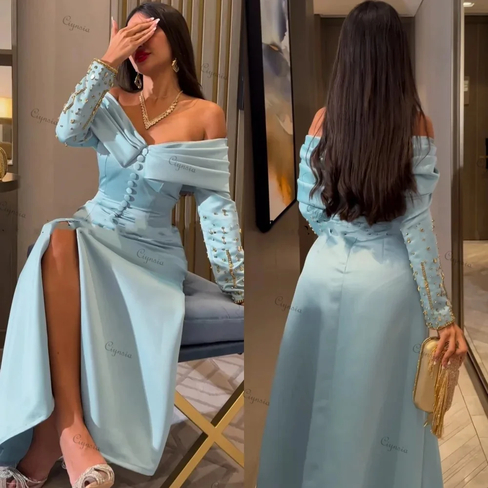 

Ciynsia Customized Off Shoulder Evening Gowns Gold Beads Satin Long Sleeves Buttons Sexy Formal Party Dresses Vestidos De Gala