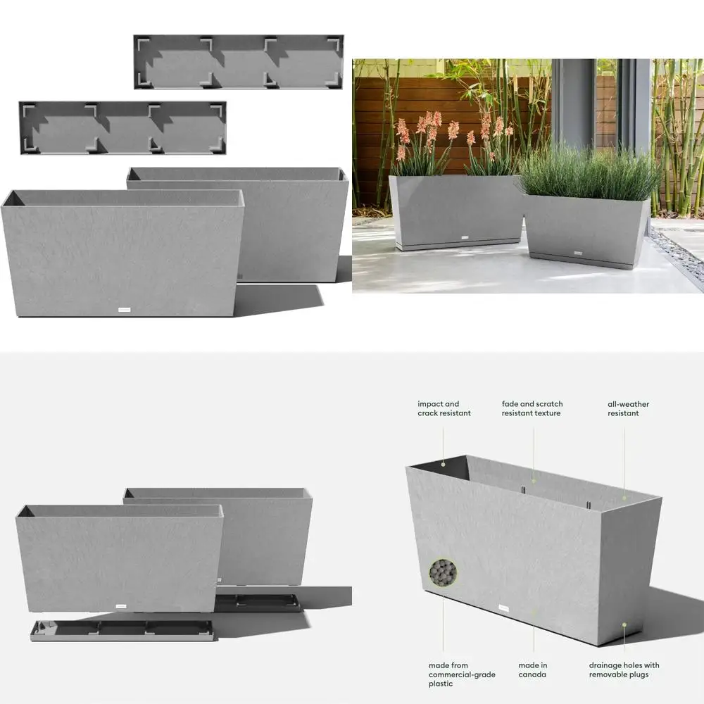 

Набор кашпо для длинных желобов светло-серого цвета, 39 дюймов, 2 шт. с подносами для блюдца для наружного и внутреннего садоводства