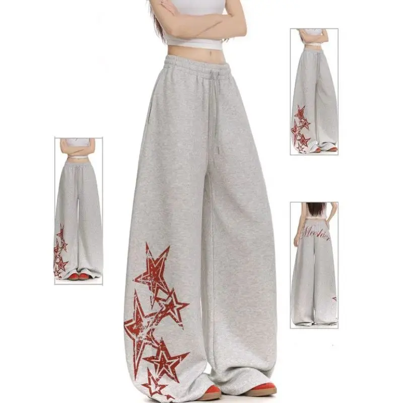 

Серые широкие брюки Y2K в уличном стиле с графическим принтом звезд и букв, унисекс, повседневные спортивные штаны с широкими штанинами, со средней посадкой, для хип-хопа и танцев