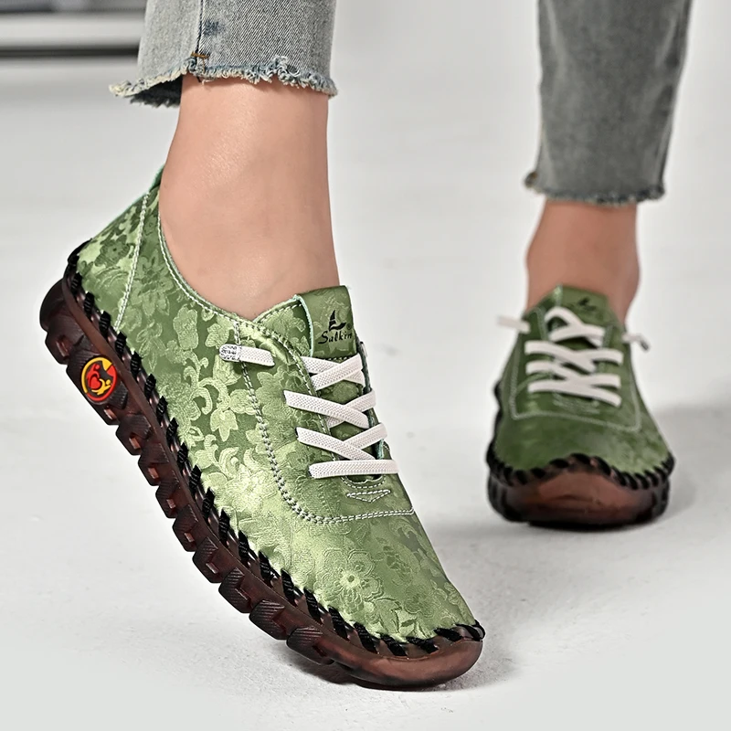 Print Fashion Sneakers Women Hand-stitching Leather Casual Shoes Design Platform Loafers Breathable Flats Shoe Driving Plus Size