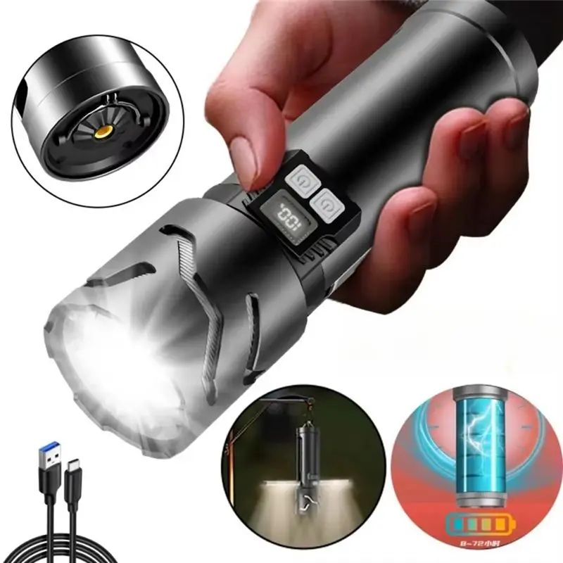 BMBY-5500Mah LED Flashlight 30W Ultra Bright With Side Light, Digital Display Torch Lamp For Outdoor Camping Lantern NO Tripod
