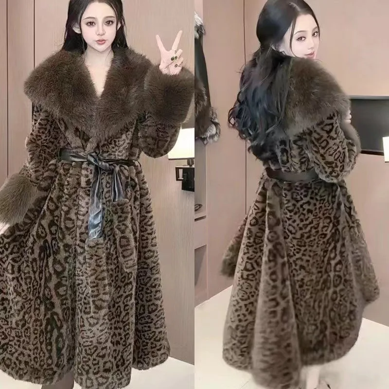 

Fashion Women Faux Mini Fur Coat Fur Collar Oversized Long Fur Jacket Leopard Print Plush Overcoat Winter Soft Coats Trendy New