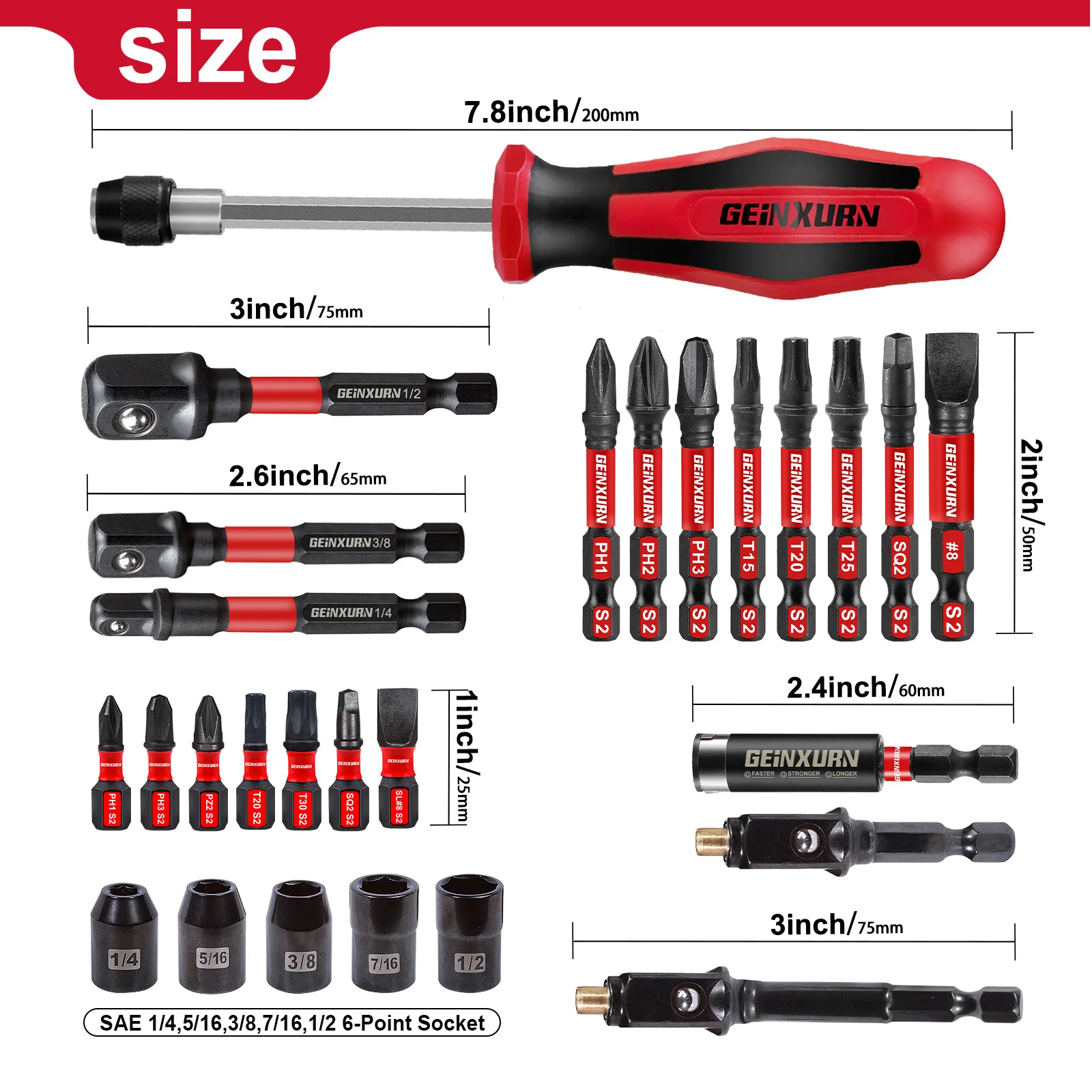 Geinxurn Magnetic Changeable Head Manual Screwdriver Set Include Quick Change Screwdriver and Impact S2 Screwdriver Bit