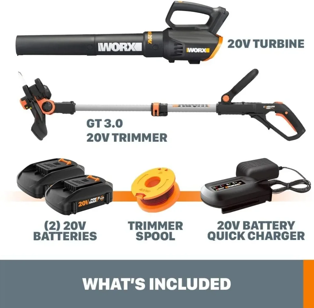 20V String Trimmer Cordless & Edger 3.0 + Leaf Blower Cordless with Battery and Charger Turbine, Black and Orange