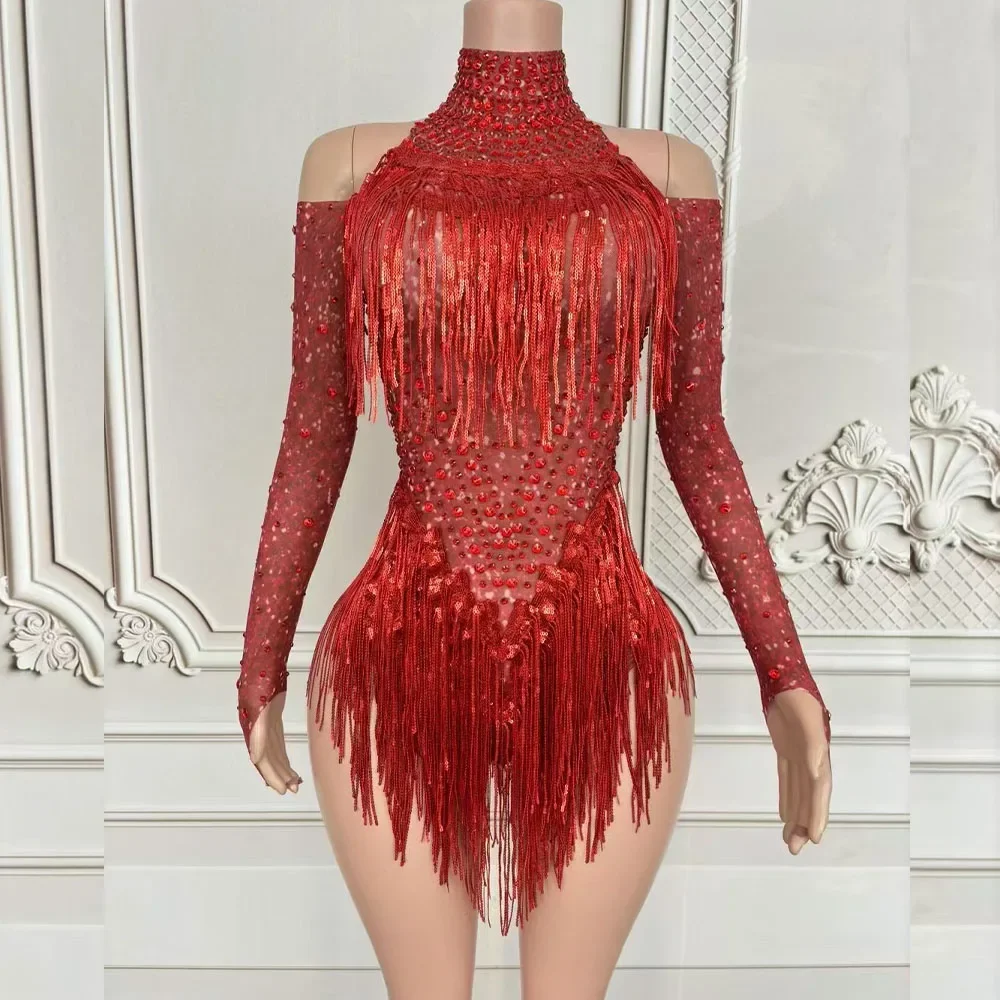 Nightclub Sexy Stage Wear Red Fringe Leotard Dancer Party Show Performance Host Costume Sparkly Sequins Tassel Crystal Bodysuit