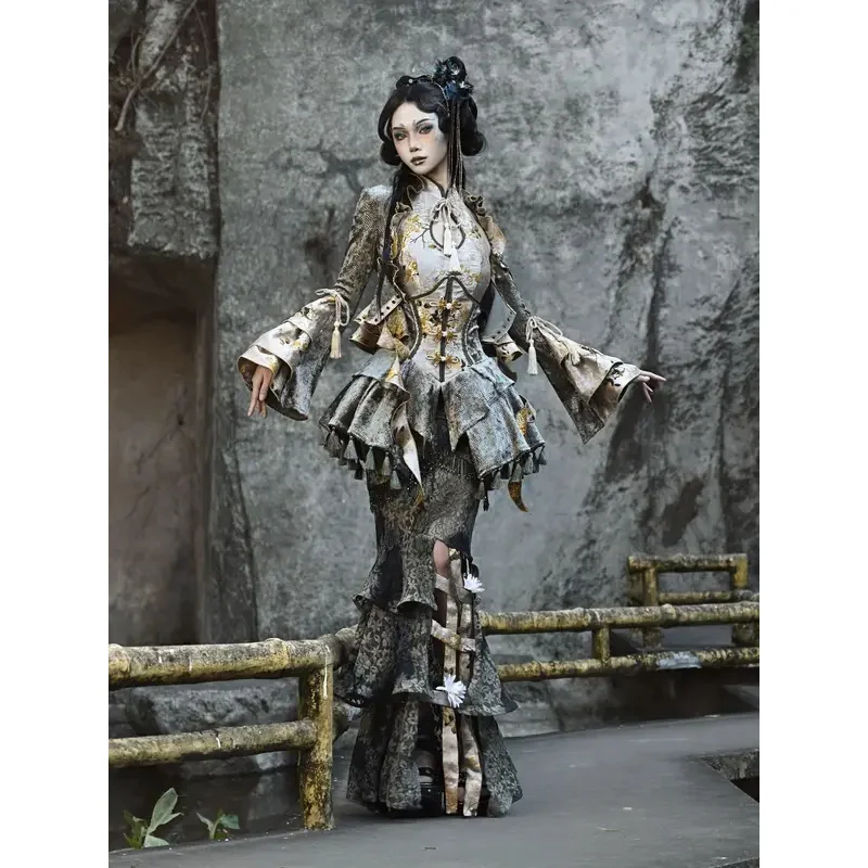 

Gothic Dark Steampunk Beaded Lace Hanfu Lolita Fish Tail Ladies Victoria Fishtail Ruffled Skirt For Womena;k6;8',