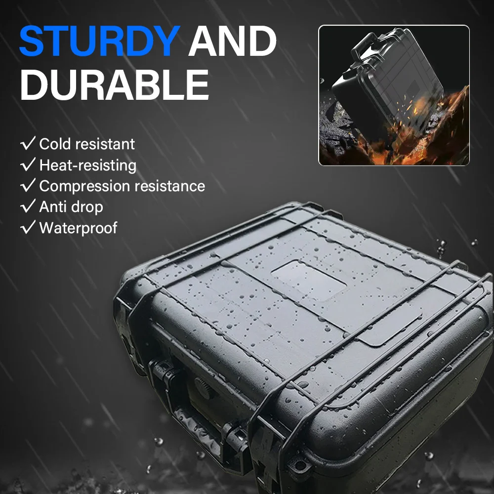 1PC Black Plastic Toolbox 250*200*76mm Shockproof Waterproof Plastic Storage Box PP Material Tote Storage Bag Built-in Sponge