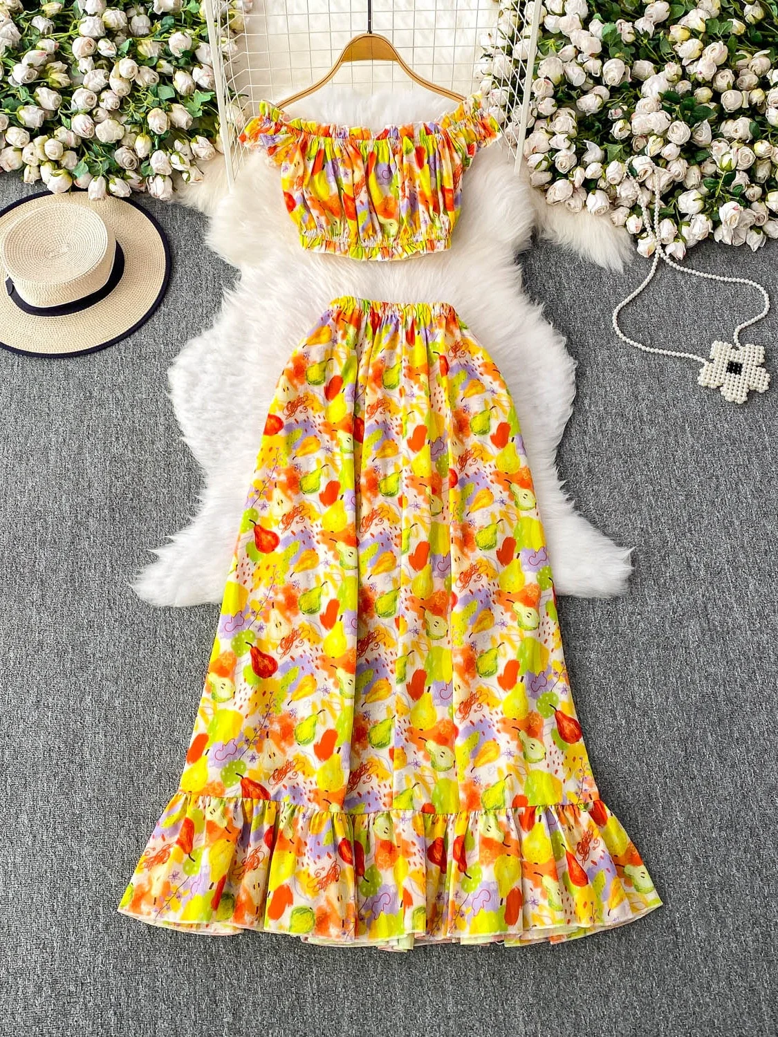Vaion Sle Dopane Sweet Small Print One oulder ort Folded Hem High Waist Pleated Long Skirt Set ผู้หญิงแฟชั่น