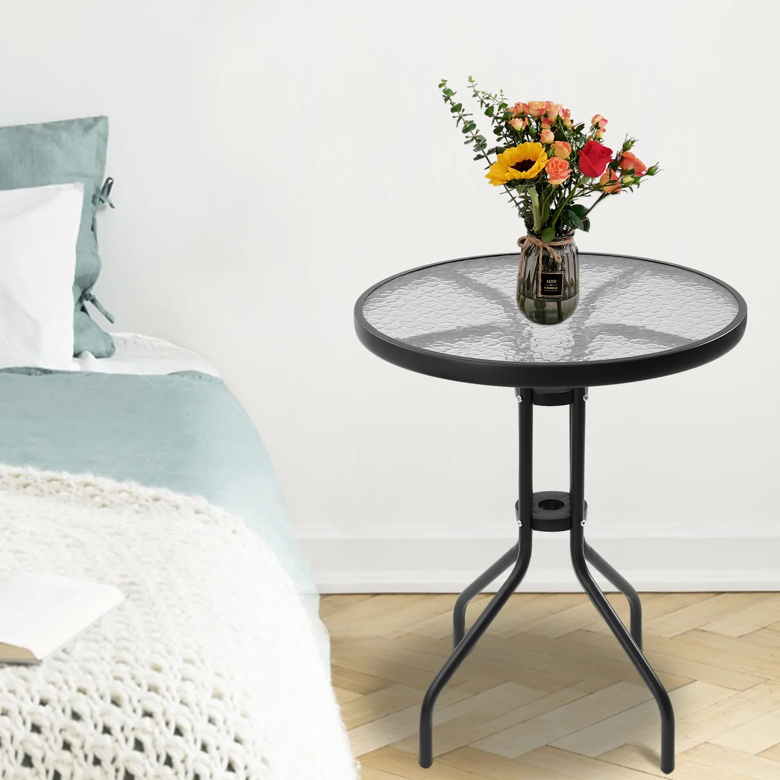 Outdoor Patio Bistro Table, Round Dining Tables, Patio Glass Coffee Side Table, 24 Inch