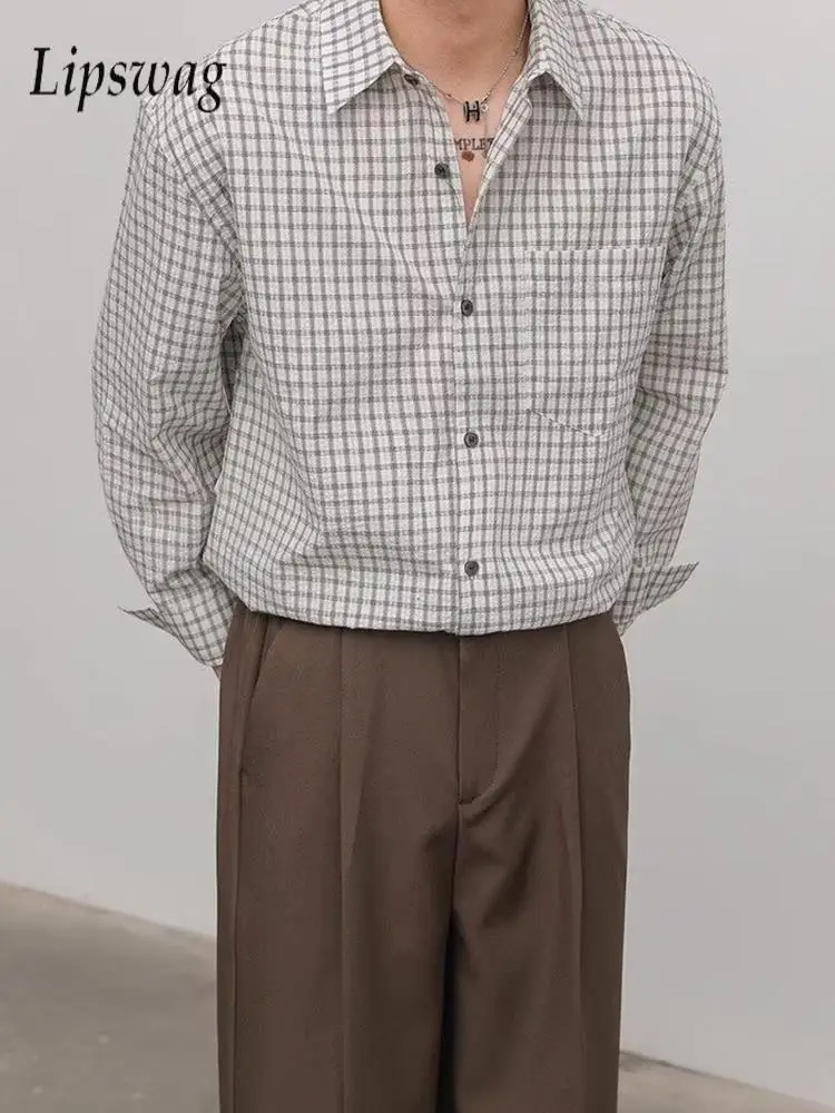 

Новые повседневные мужские рубашки на пуговицах с лацканами, винтажная рубашка в клетку с длинным рукавом и принтом, уличная одежда, мужской осенний модный кардиган, топ