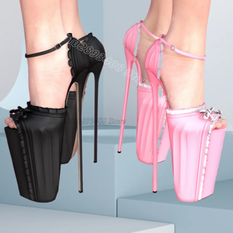 

Pink Trim Bowknot Pleated Sandals Peep Toe Platform Ankle Buckle British Style Super High Heels Sandals 2025 Zapatos Para Mujere