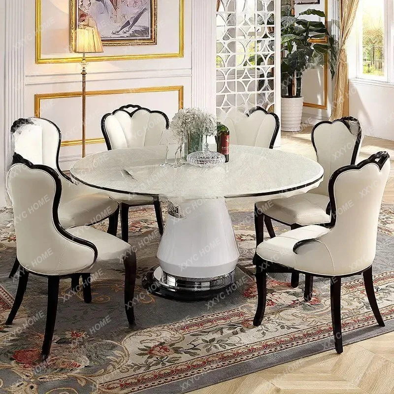

Home marble round dining table, black and white, simple and modern, light luxury, dining table with turntable, villa round table