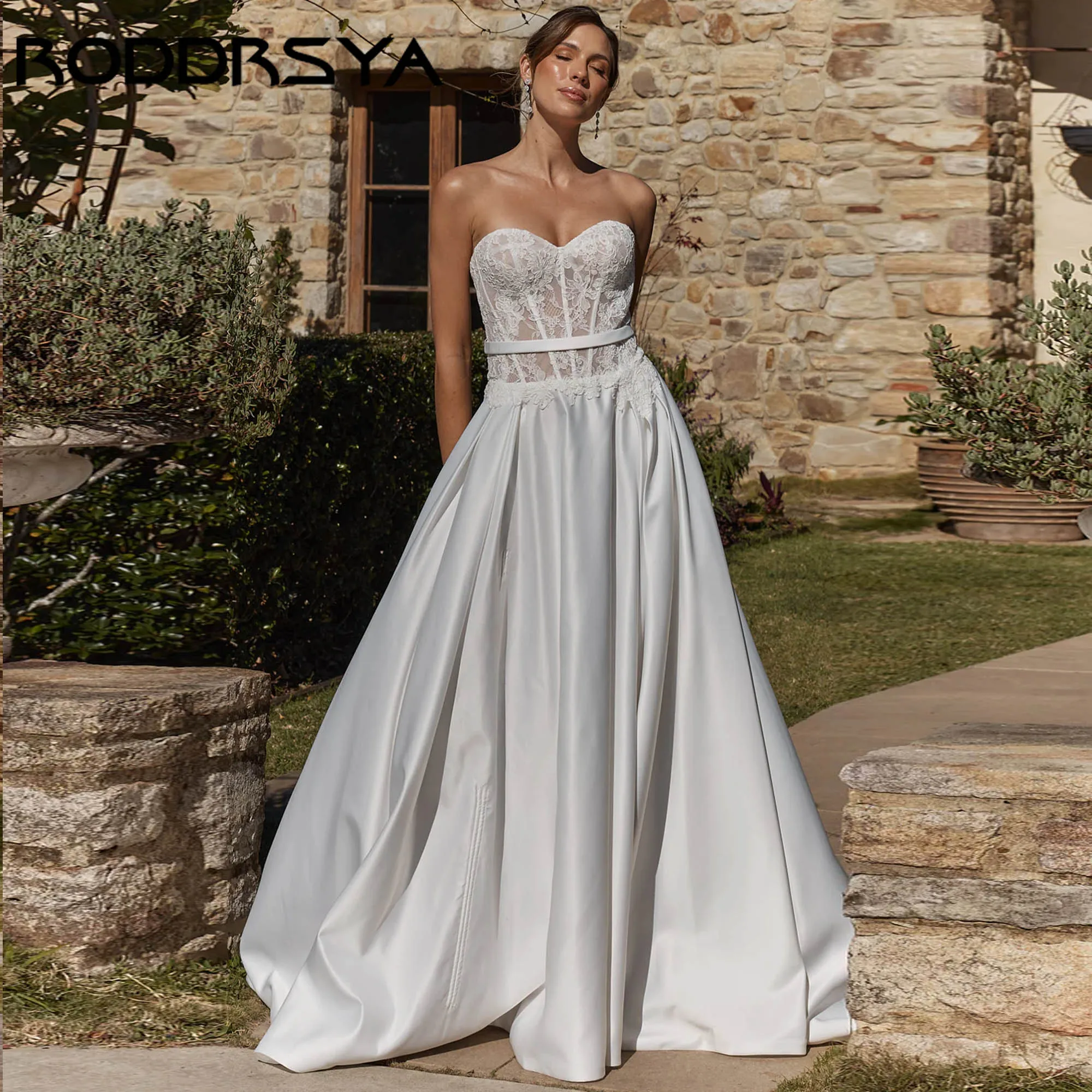 RODDRSYA Vestido de novia clásico con apliques de satén, corte en A, sin tirantes, espalda descubierta, vestido de recepción nupcial, vestidos de novia 2026 personalizados
