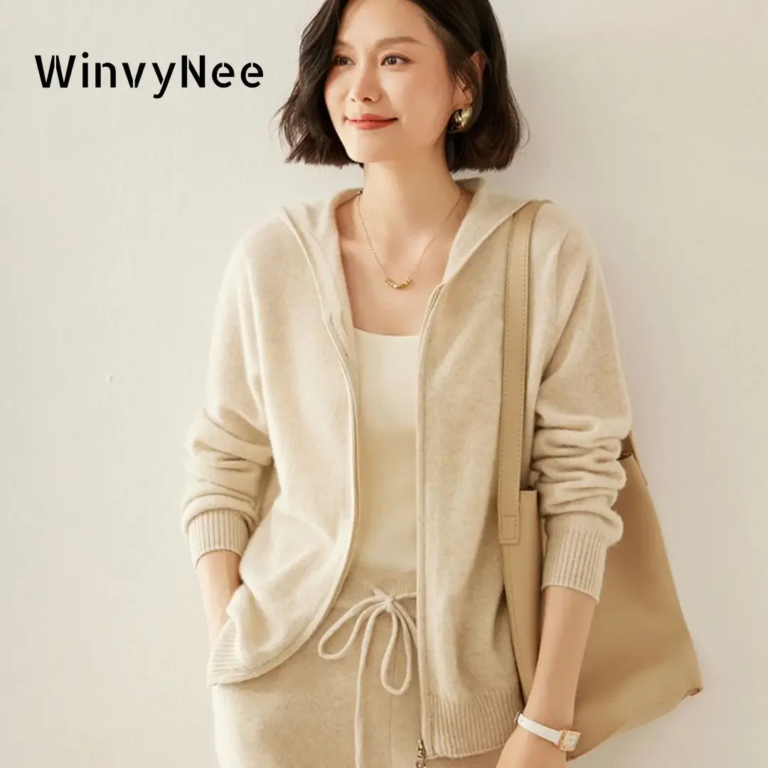 

WinvyNee Women's Cashmere Wool Cardigans Hooded Sweaters with Zip Solid Casual Knitwear Tops Winter Cropped Cardiagans B1264041