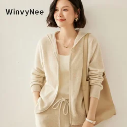 WinvyNee Women's Cashmere Wool Cardigans Hooded Sweaters with Zip Solid Casual Knitwear Tops Winter Cropped Cardiagans B1264041